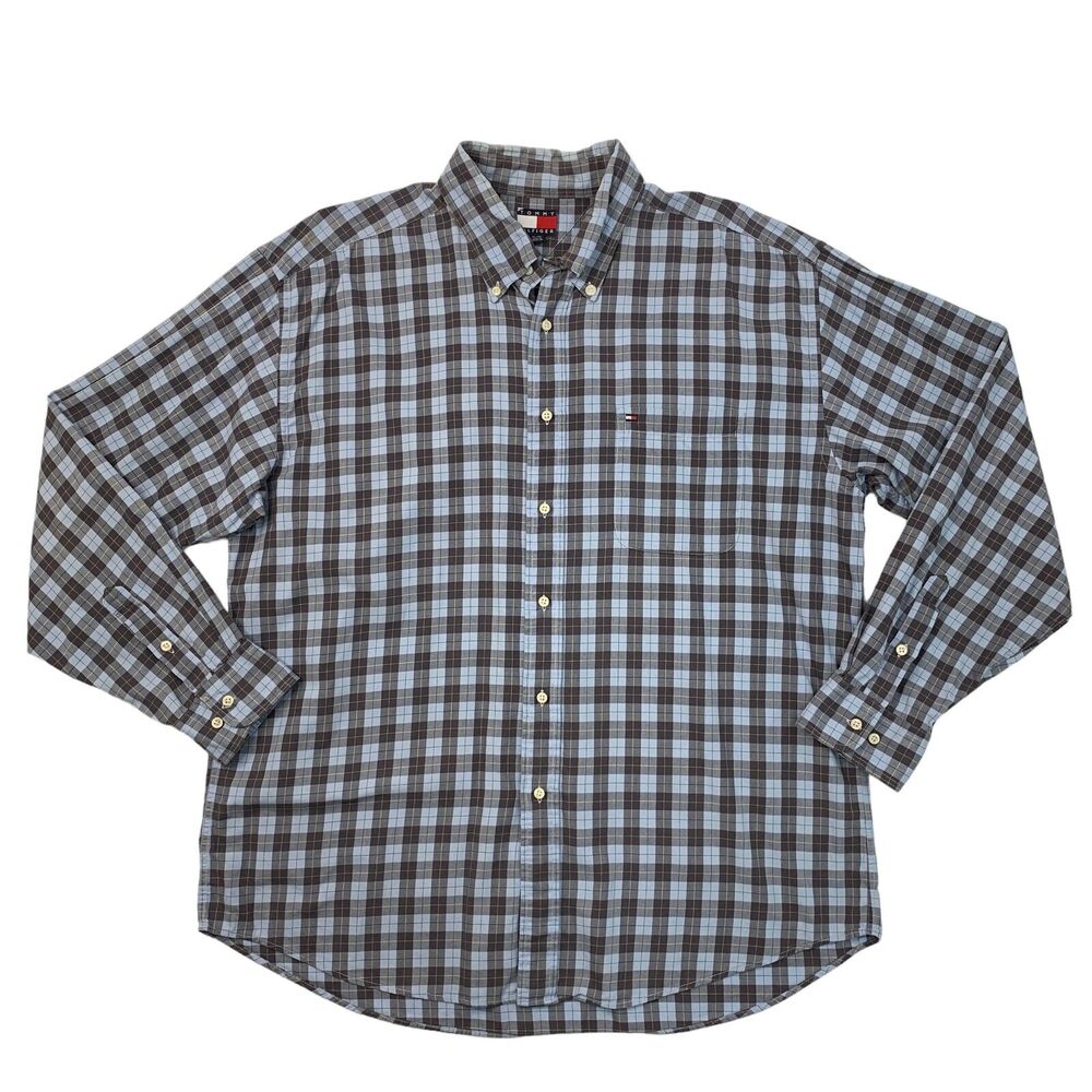Vintage Tommy Hilfiger Shirt Mens XL Blue Plaid Check Long Sleeve Cotton
